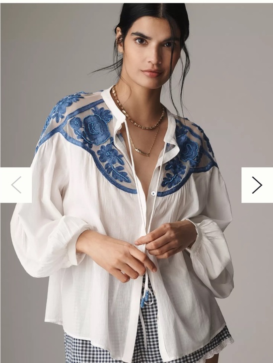 Anthropologie Tops - Anthropologie Long-Sleeve Lace Blouse White Blue Sz S Embroidered Beaded Relaxed